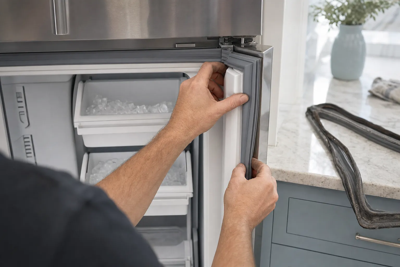 Hands seating a new grey door gasket into a stainless refrigerator door, ice storage bins visible inside