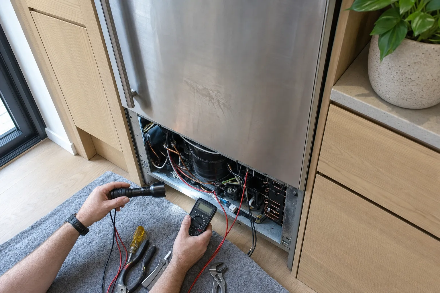 Stainless built-in between light oak cabinets with its lower panel off, compressor and wiring exposed, hands holding a flashlight and a multimeter over pliers on a grey mat
